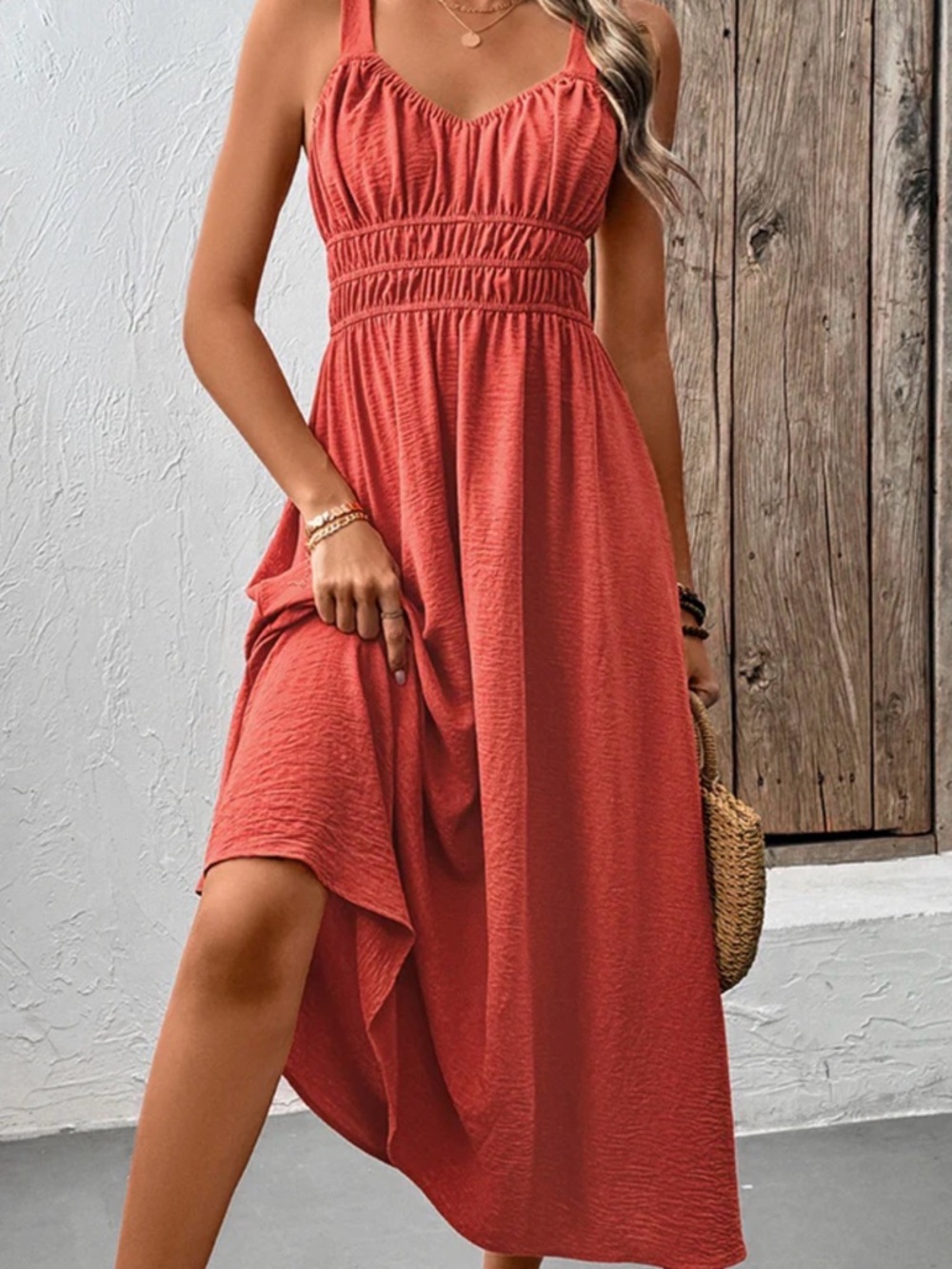 Women's Coral Maxi Dress with Smocked Waist and Wide Straps - Picture 2 of 2